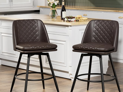 NEW 26 inch Bar Stools Set of 2, 360° Swivel Counter Height Barstools with Back Faux Leather