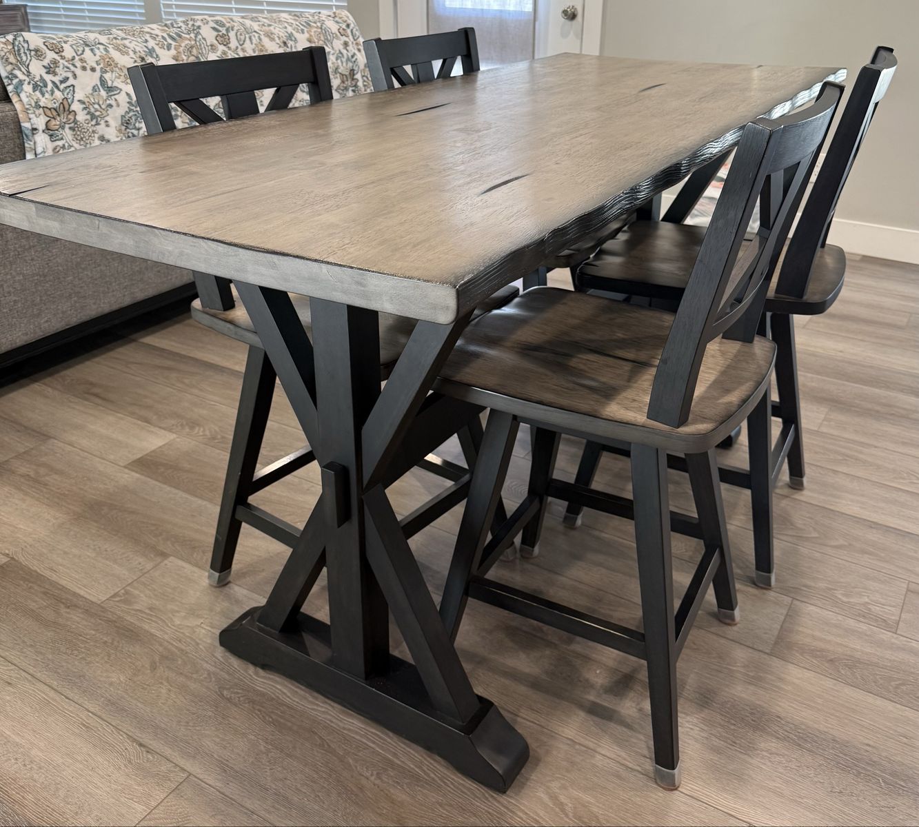 Rustic Farmhouse Counter Height Dining Table & 4 or 6 chairs- Gray & Black Wood