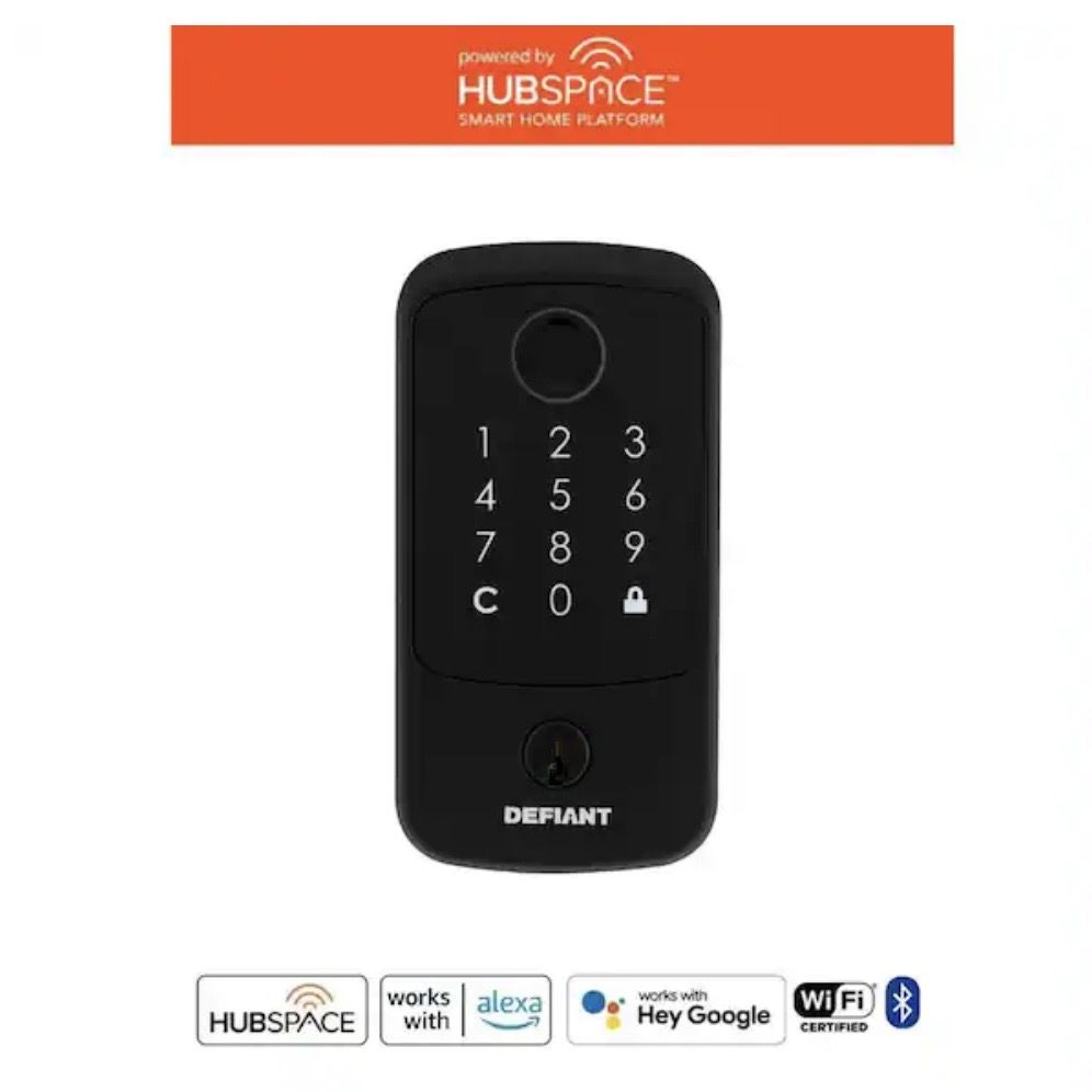 Defiant Square Fingerprint Matte Black Electronic Single Cylinder Deadbolt Wi-Fi Enabled Powered by Hubspace
