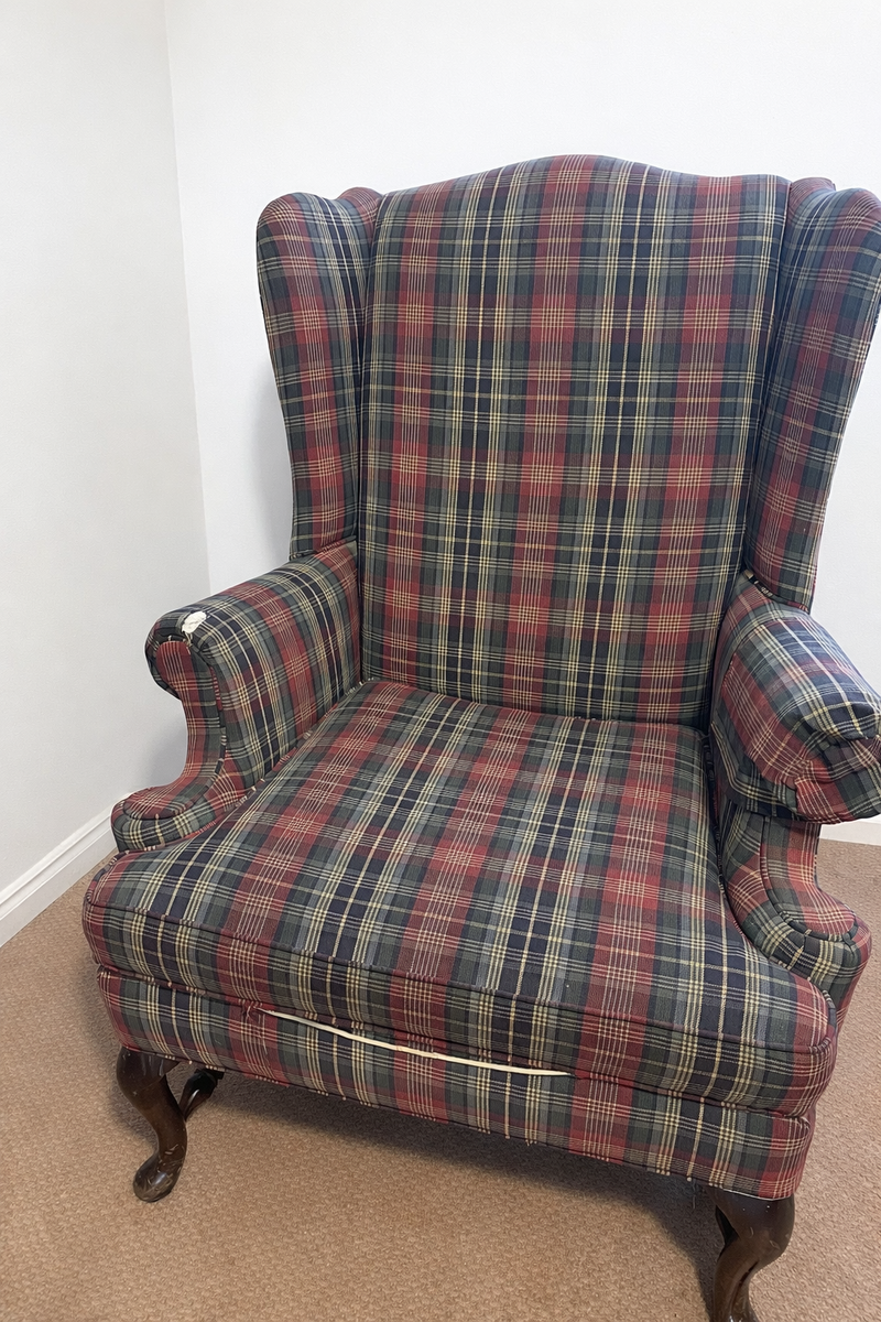 Plaid Wingback Armchair - Red/Navy Tartan Upholstery - Comfortable Accent Chair