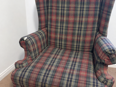 Plaid Wingback Armchair - Red/Navy Tartan Upholstery - Comfortable Accent Chair