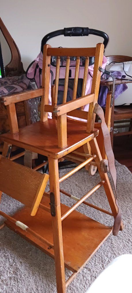 Vintage Wooden Convertible High Chair Stroller - Classic Baby Furniture with Tray & Wheels