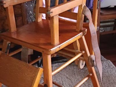 Vintage Wooden Convertible High Chair Stroller - Classic Baby Furniture with Tray & Wheels