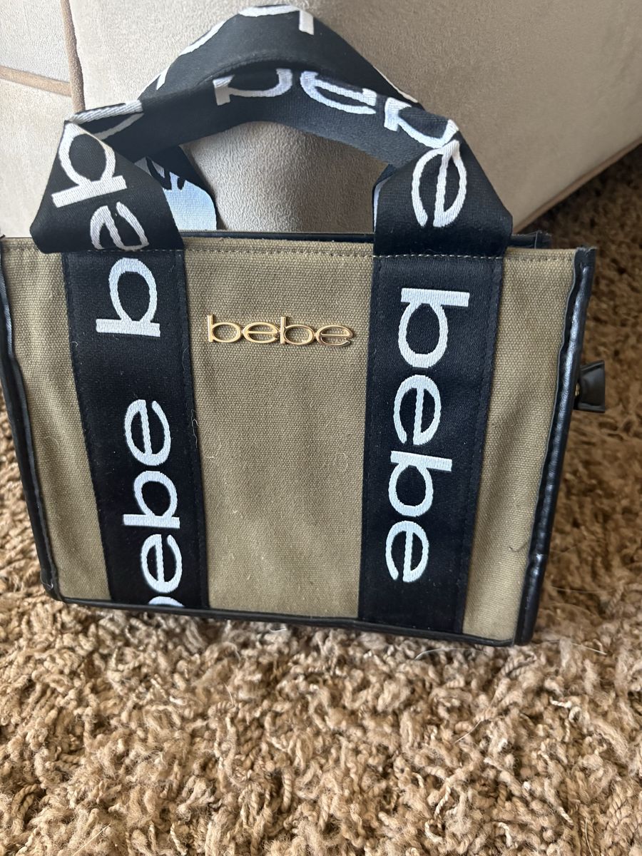 Bebe Mini Tote Bag Khaki Canvas Black Logo Strap Small Handbag