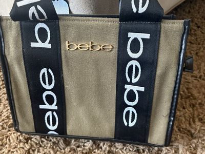 Bebe Mini Tote Bag Khaki Canvas Black Logo Strap Small Handbag