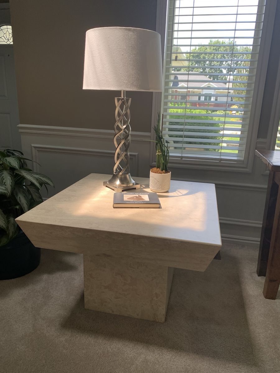Solid Travertine Side Table - Modern Pedestal Design - 31.5" Square - Cream/Tan Marbled Pattern