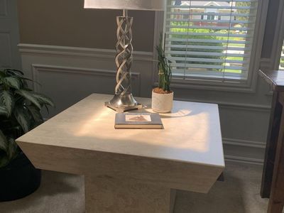 Solid Travertine Side Table - Modern Pedestal Design - 31.5" Square - Cream/Tan Marbled Pattern
