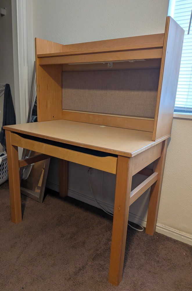 Wooden Desk with Attached Hutch Shelf and Fabric Tackboard