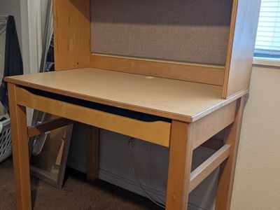Wooden Desk with Attached Hutch Shelf and Fabric Tackboard