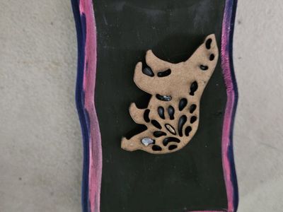 Handmade Wooden Spotted Animal Brooch/Pin with Pink & Black Border - Unique Art Accessory