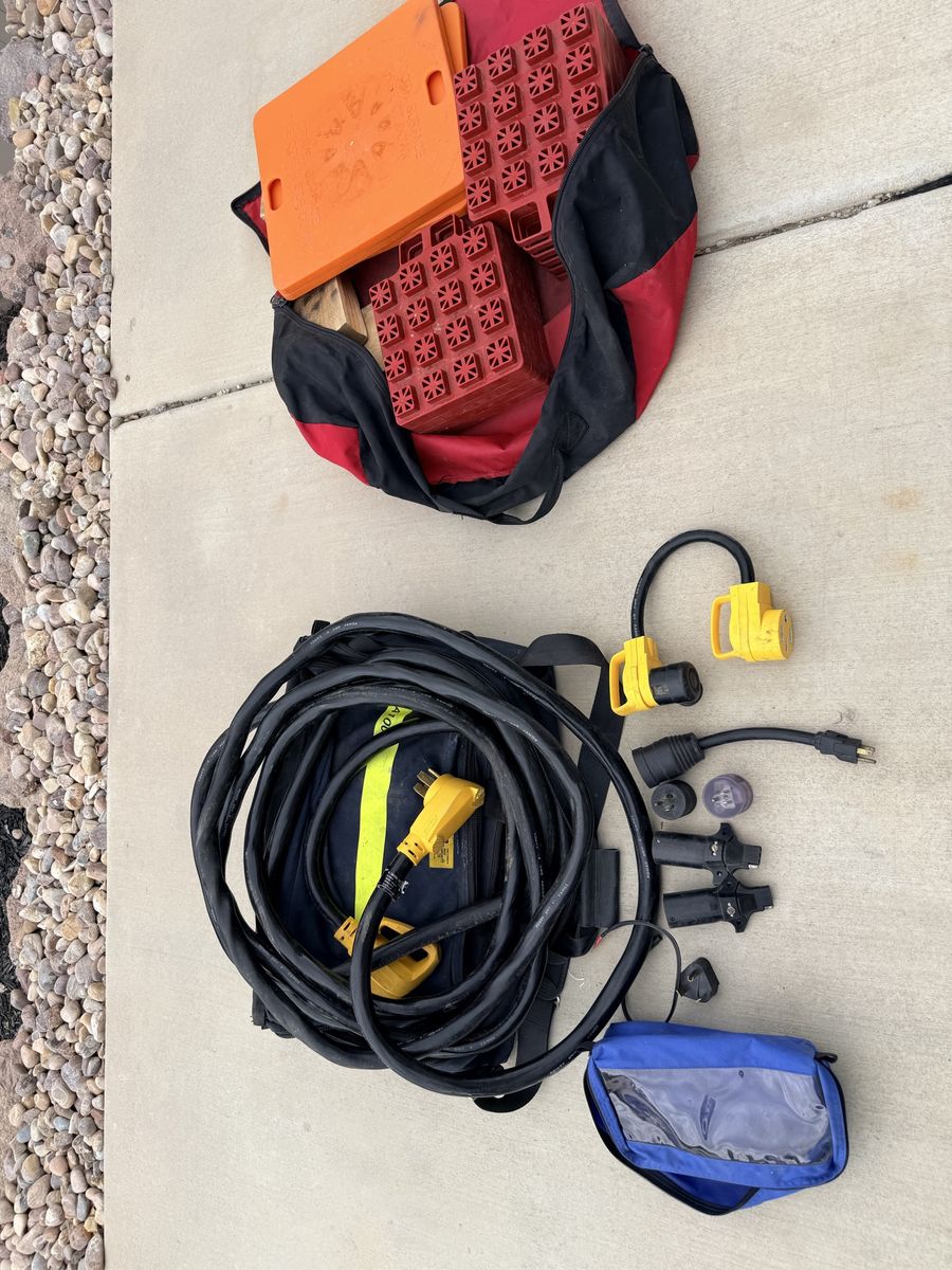 RV Camping Power & Leveling Kit: 50A Power Cord, Adapters, Leveling Blocks, Chocks, & Storage Bags