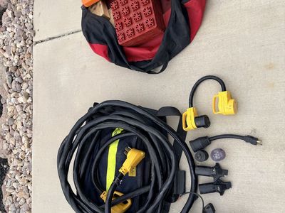 RV Camping Power & Leveling Kit: 50A Power Cord, Adapters, Leveling Blocks, Chocks, & Storage Bags