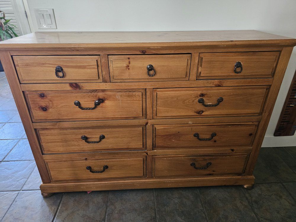 Wooden king bedframe and Dresser with Metal Handles - 42" Tall, Traditional Style
