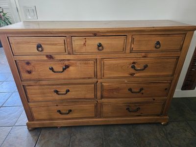 Wooden king bedframe and Dresser with Metal Handles - 42" Tall, Traditional Style