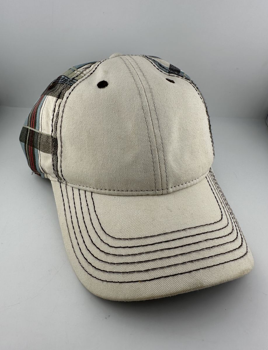 Distressed Plaid Baseball Cap Cream Blue Adjustable Strapback Preppy One Size
