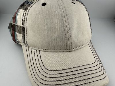 Distressed Plaid Baseball Cap Cream Blue Adjustable Strapback Preppy One Size