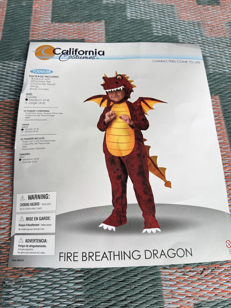 Like New! California Costumes Fire Breathing Dragon Costume Toddler Medium 3-4