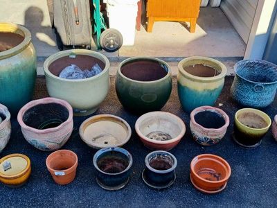 Assorted Ceramic, Metal, and Terracotta Plant Pots. 2 Metal Stands.oboe. Largest is 19" x 19". $499 obo.