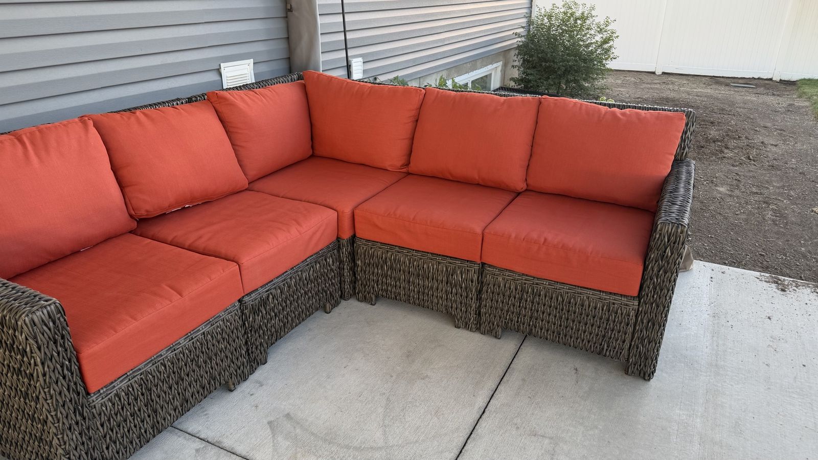 Wicker Patio Sectional Sofa with Orange Cushions - 5-Piece Outdoor Furniture Set