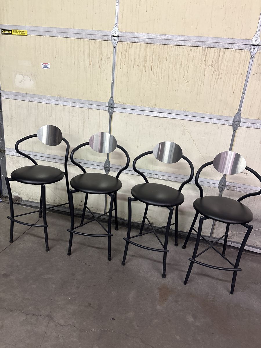 Set of 4 Black Metal & Faux Leather Bar Stools with Brushed Steel Backs