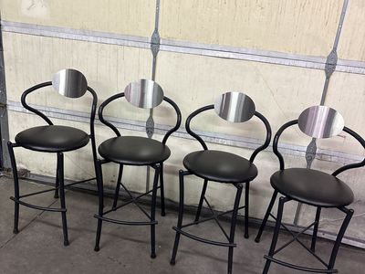 Set of 4 Black Metal & Faux Leather Bar Stools with Brushed Steel Backs