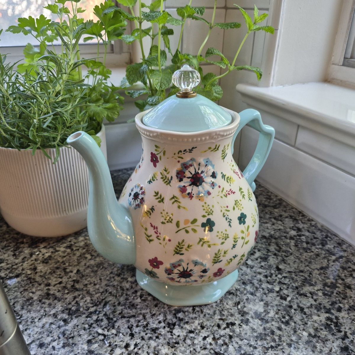 Beautiful Floral Ceramic Teapot - Light Blue & Cream with Multicolor Flowers, Clear Crystal Knob