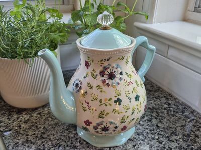 Beautiful Floral Ceramic Teapot - Light Blue & Cream with Multicolor Flowers, Clear Crystal Knob