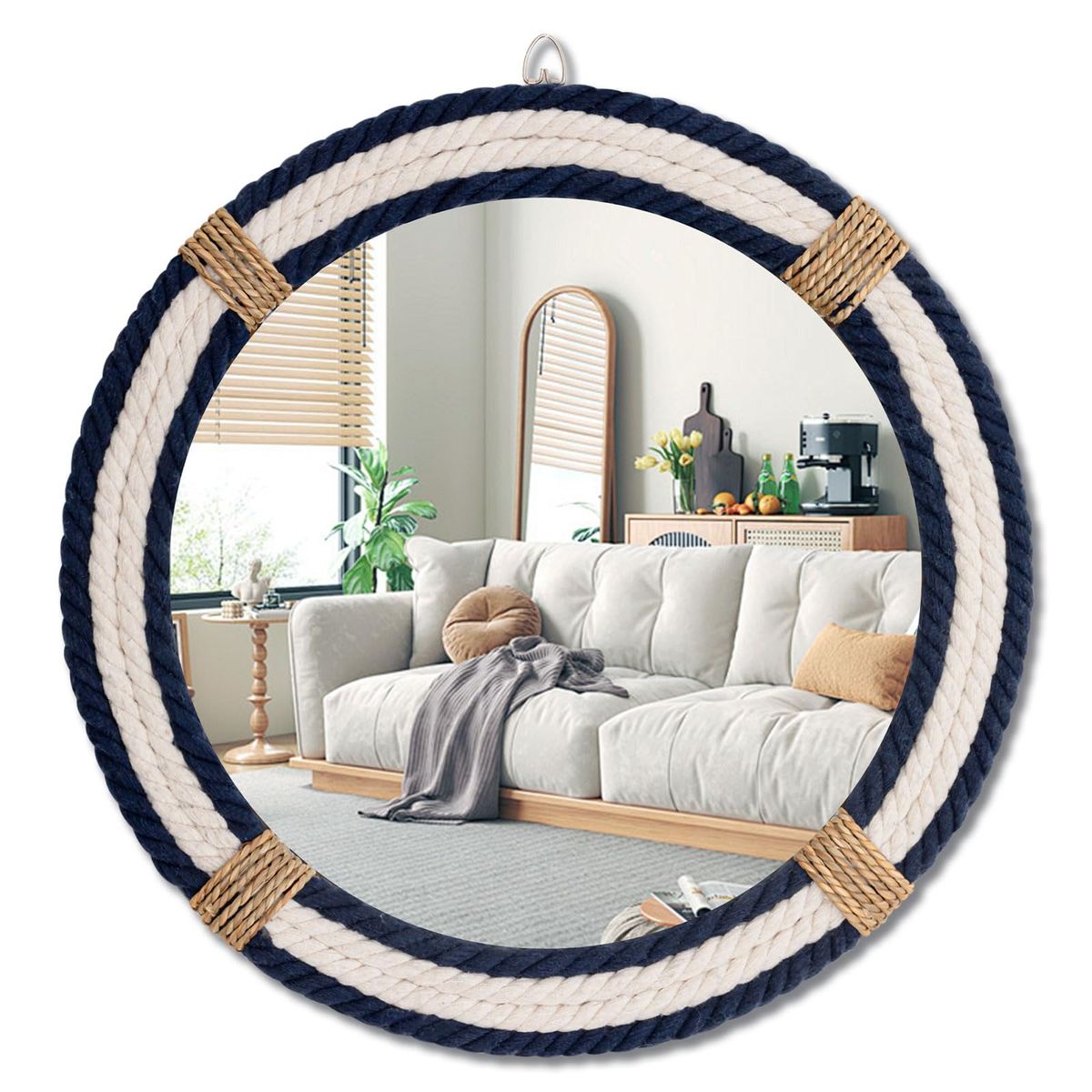 NEW 20" Nautical Coastal Mirror with Rope Wrapped Trim & Hanging Loop Round Circle Mirror