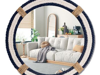 NEW 20" Nautical Coastal Mirror with Rope Wrapped Trim & Hanging Loop Round Circle Mirror