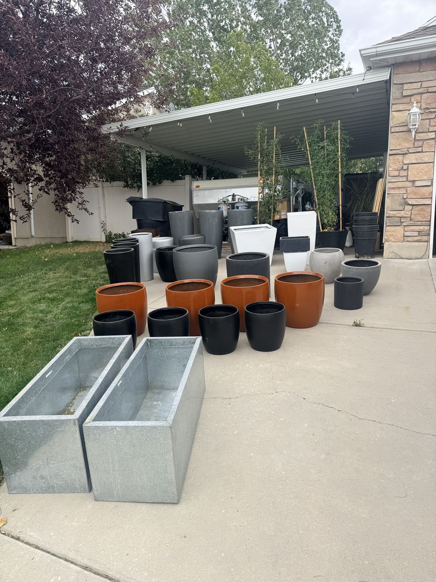Large Assortment of Outdoor Planters and Galvanized Metal Garden Boxes