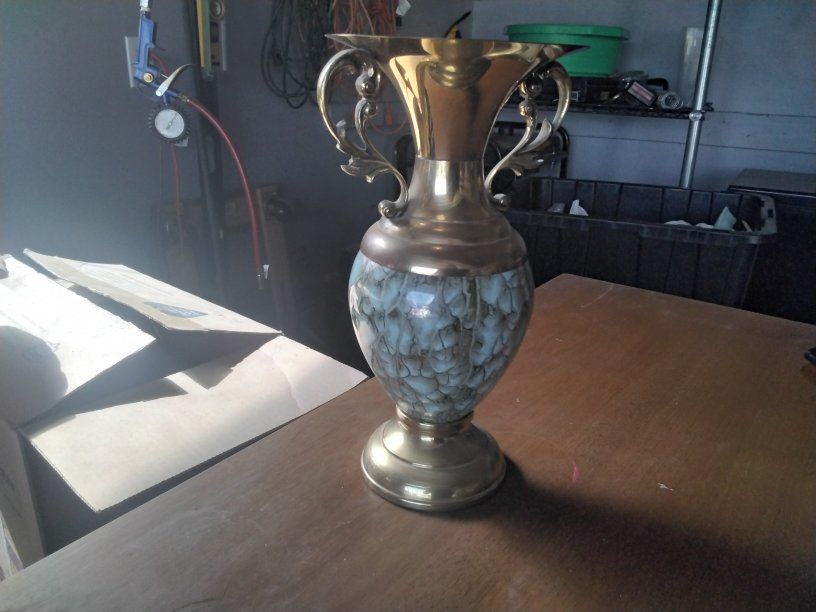 Vintage Brass & Ceramic Crackle Glaze Vase Urn with Handles - Unique Decorative Home Decor