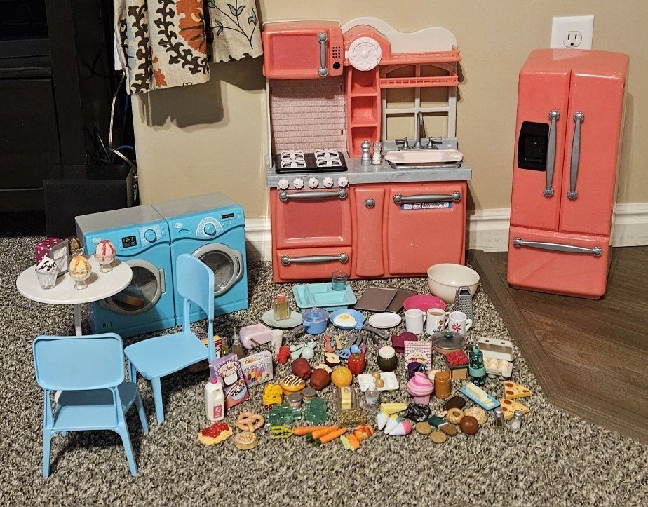 Our Generation Doll kitchen, refrigerator, table, washer/dryer, dishes and food accessories for 18 inch dolls