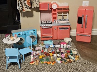 Our Generation Doll kitchen, refrigerator, table, washer/dryer, dishes and food accessories for 18 inch dolls