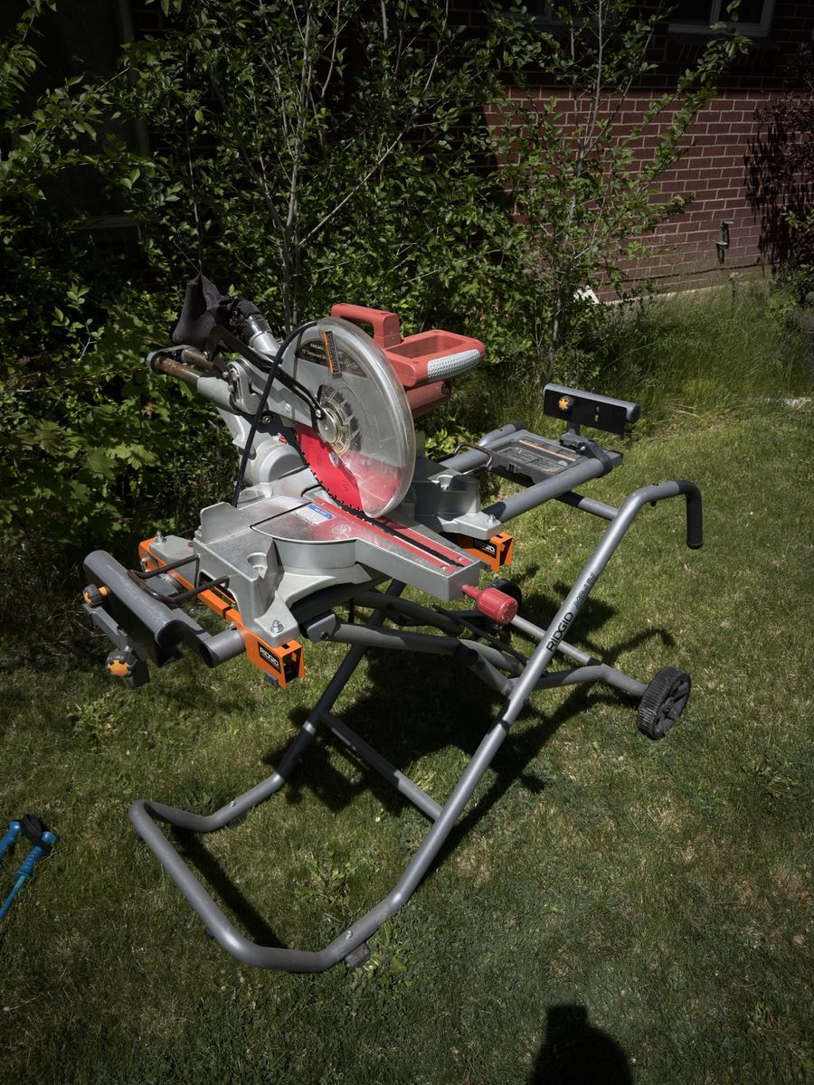 Miter saw, compressor, framing nail gun