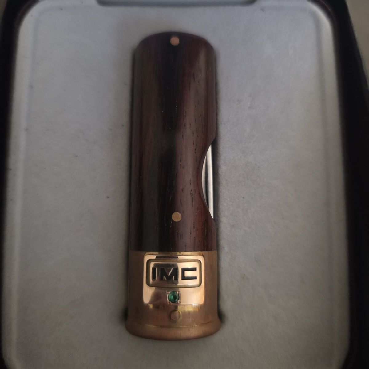 Vintage 1991-93 IMC Shotgun Shell Pocket Knife Brass & Wood Inlay with Green Accent