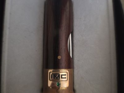 Vintage 1991-93 IMC Shotgun Shell Pocket Knife Brass & Wood Inlay with Green Accent