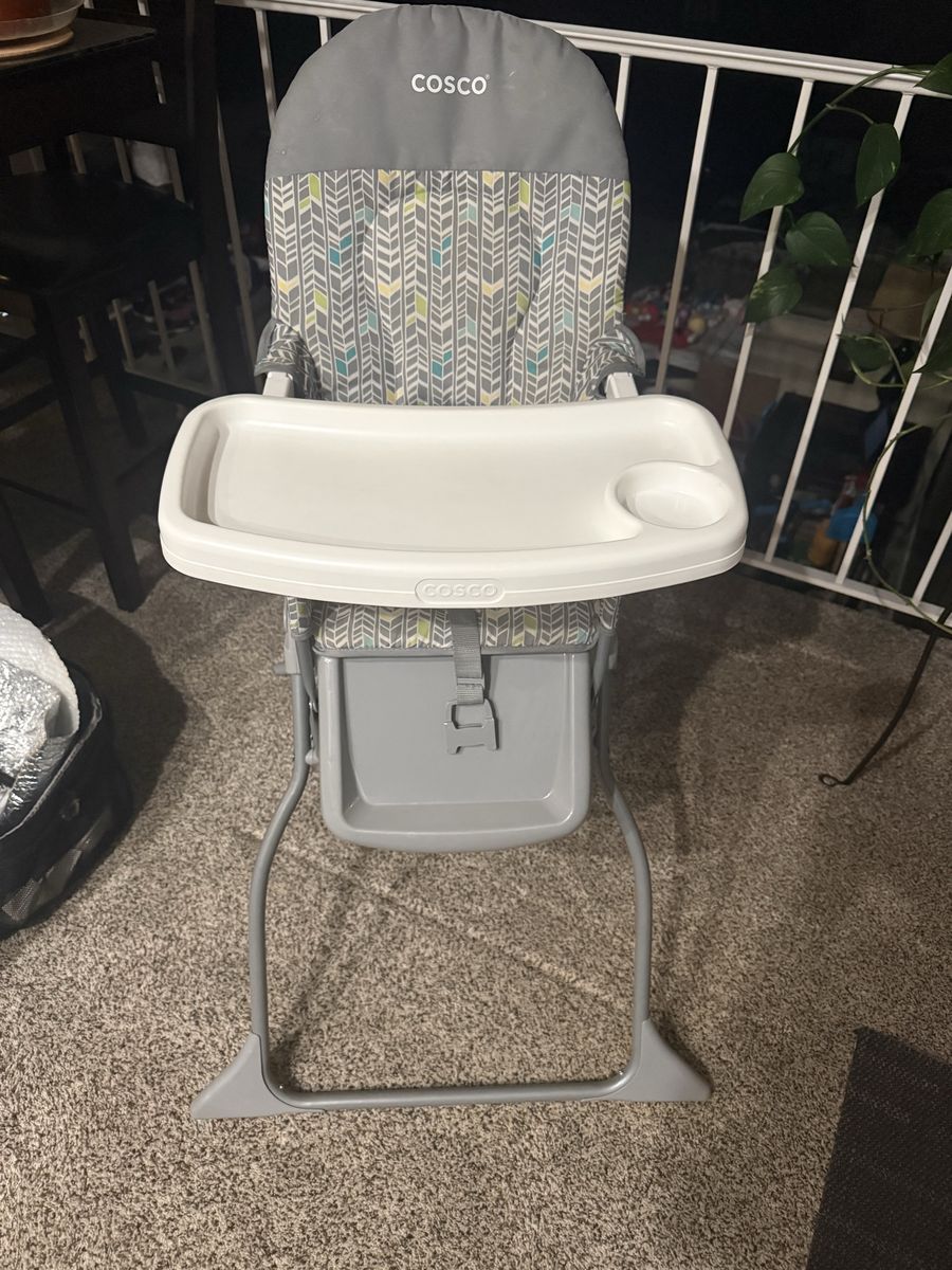 Cosco Simple Fold High Chair - Grey Chevron Pattern, Compact Folding Design, Easy Clean Tray