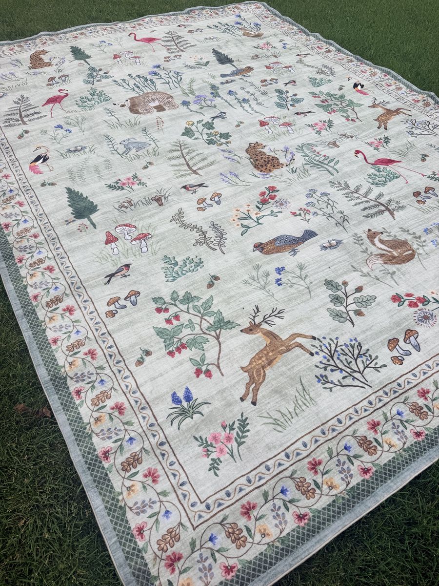New. 9x12 Large Woodland Animal & Flora Pattern Area Rug with Deer and Forest Motif