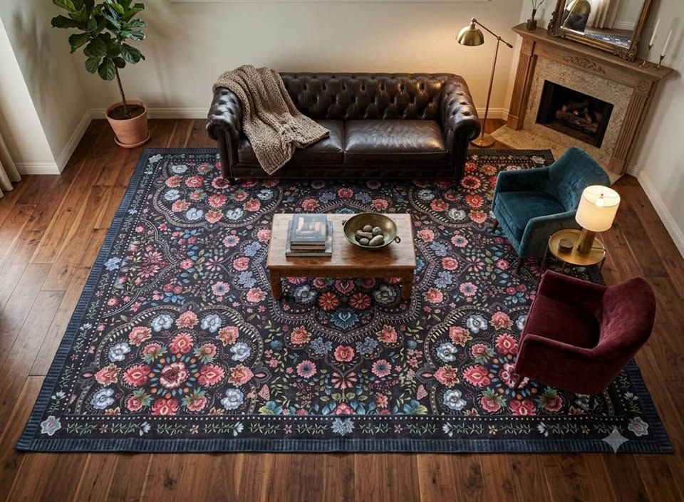 NEW 9x12 Boho Chic Floral Area Rug – Vibrant Colors on Dark Background Botanical Floral