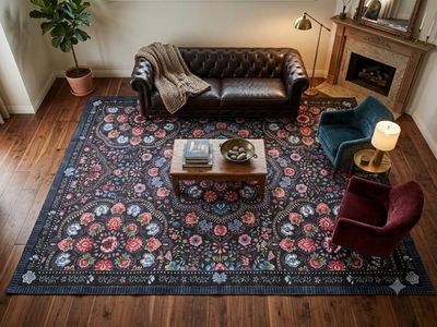 NEW 9x12 Boho Chic Floral Area Rug – Vibrant Colors on Dark Background Botanical Floral