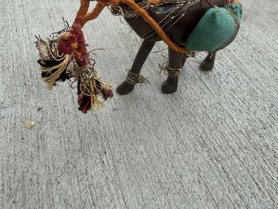 Vintage Handcrafted Leather and Wood Camel Figurine with Saddle Packs and Tassels
