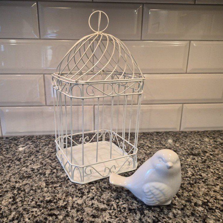 White Ceramic Bird Figurine with Decorative White Wire Metal Birdcage