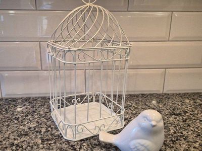 White Ceramic Bird Figurine with Decorative White Wire Metal Birdcage