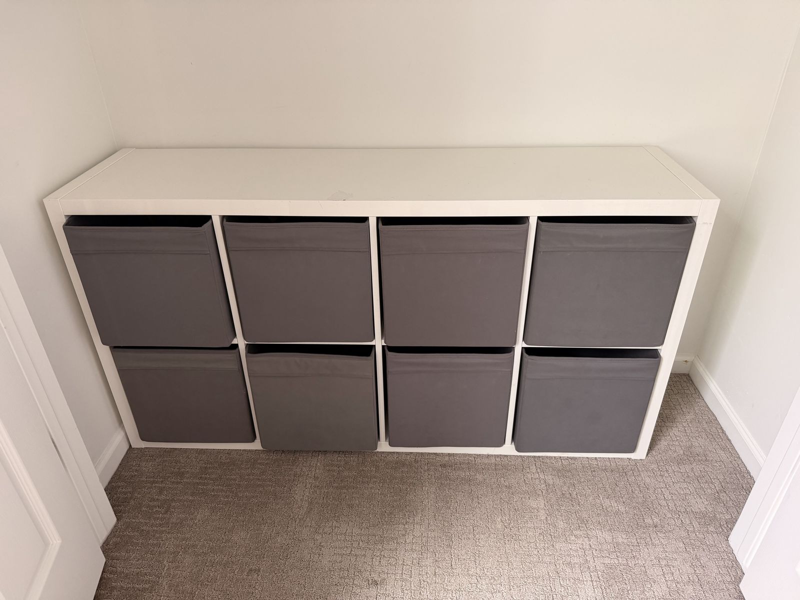IKEA KALLAX 2x4 White Shelf Unit with 8 Gray Storage Bins