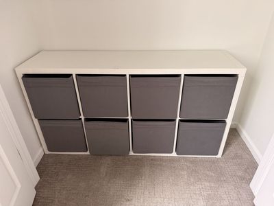 IKEA KALLAX 2x4 White Shelf Unit with 8 Gray Storage Bins