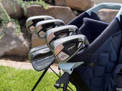 Ogio Stand Golf Bag - Blue Stripe with Rogue Max ST Callaway Irons, Cobra 60-degree wedge and Caddy Tek Explorer V8 push cart.