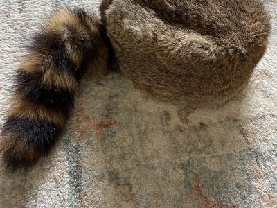 Genuine Rabbit & Raccoon Tail Fur Hat / Davy Crockett Coonskin Cap