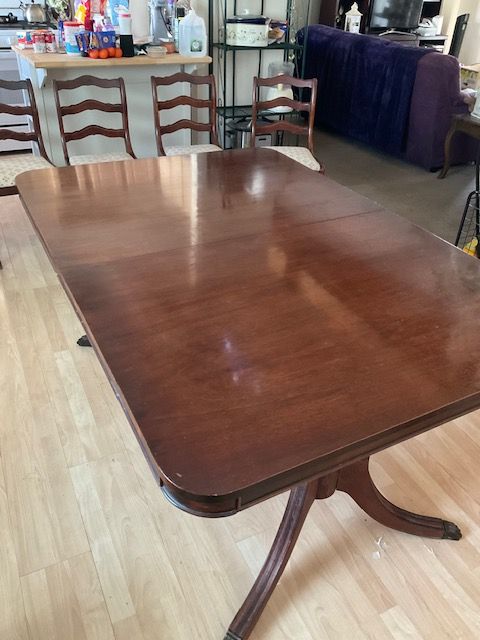 Vintage Duncan Phyfe Style Double Pedestal Dining Table with 6 Chairs