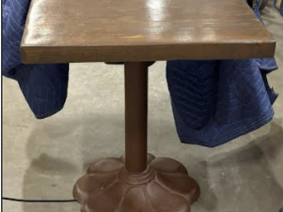 Vintage Cast Iron Pedestal Bistro Table Square Wood Top Scalloped Base Cafe Pub