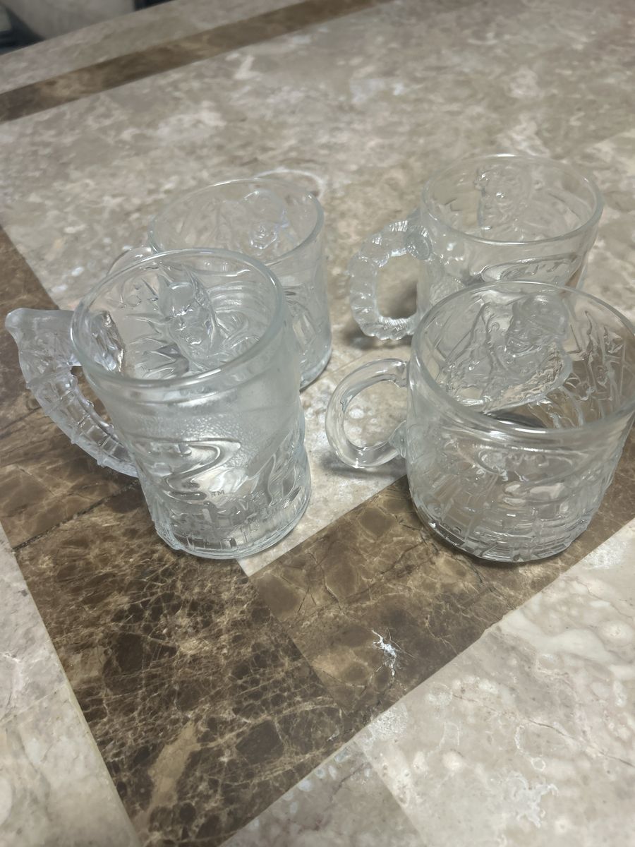 Set of 4 Vintage DC Comics Batman & Superhero Embossed Glass Mugs